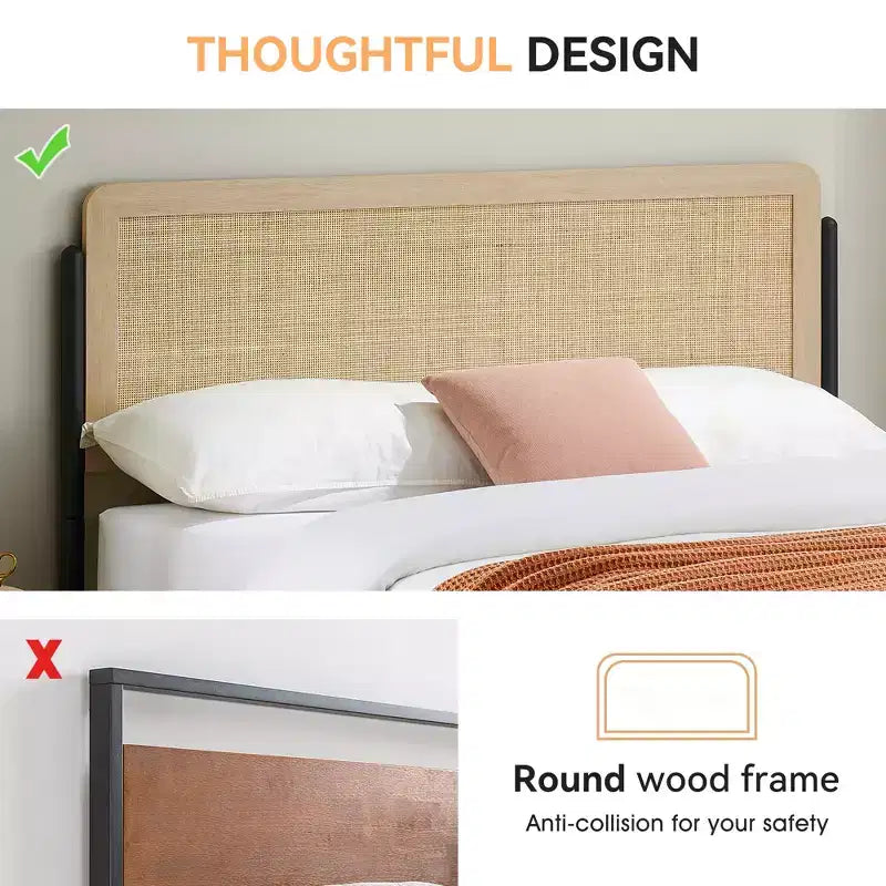 Bettgestell mit gebogenem Kopfteil aus Metall und Rattan sowie Holzfußteil, Plattformbett mit Stauraum unter dem Bett