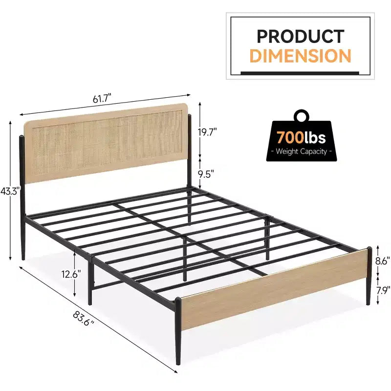 Bettgestell mit gebogenem Kopfteil aus Metall und Rattan sowie Holzfußteil, Plattformbett mit Stauraum unter dem Bett