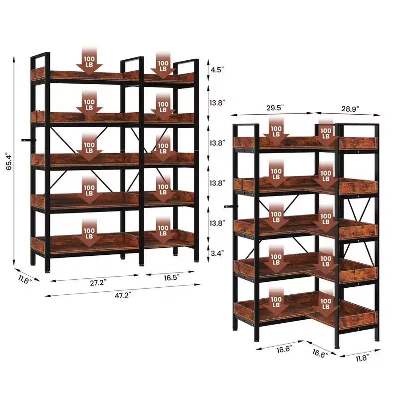 Librero esquinero reversible en forma de L de 5 niveles, librero de madera de estilo industrial, estantería de 65 Inch con patas ajustables y estructura de metal para la sala de estar