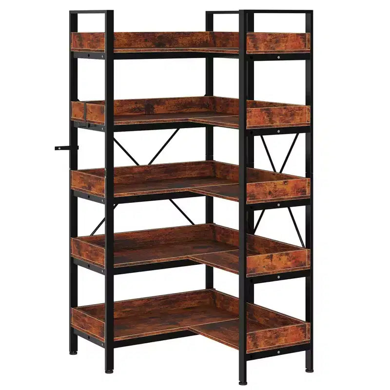 Librero esquinero reversible en forma de L de 5 niveles, librero de madera de estilo industrial, estantería de 65 Inch con patas ajustables y estructura de metal para la sala de estar