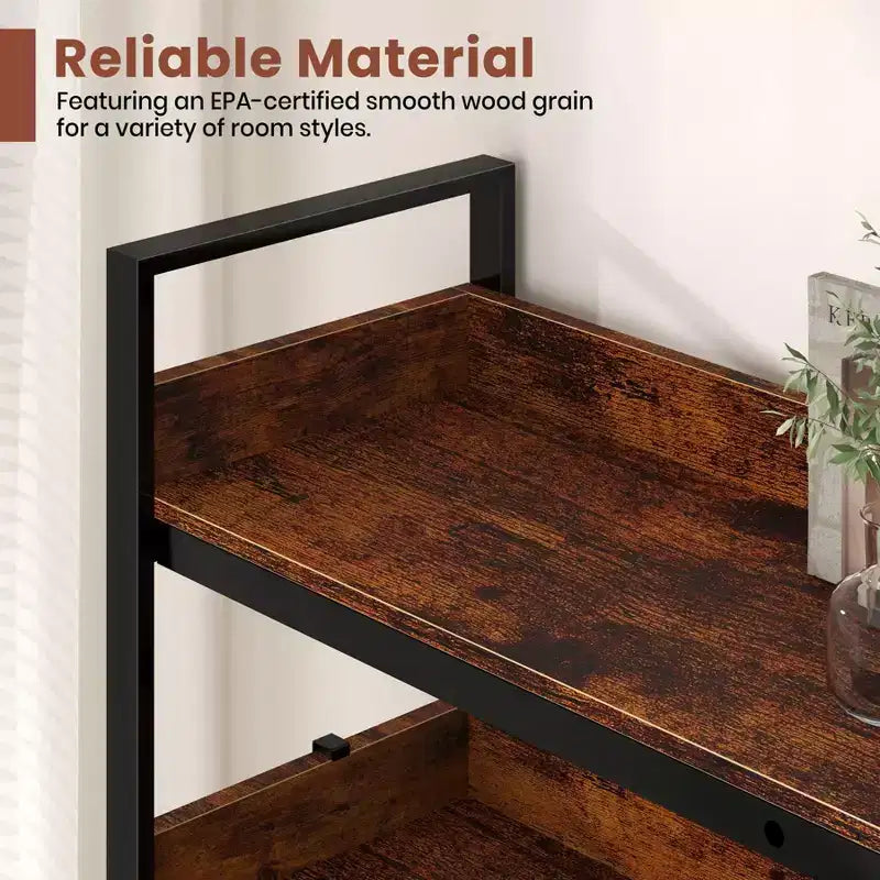 Librero esquinero reversible en forma de L de 5 niveles, librero de madera de estilo industrial, estantería de 65 Inch con patas ajustables y estructura de metal para la sala de estar