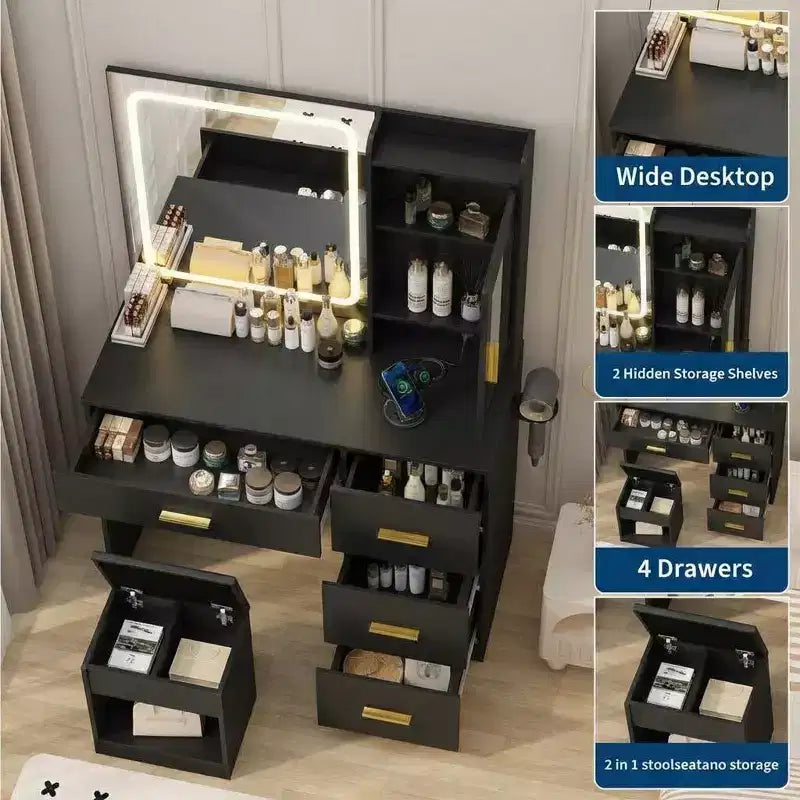 Coiffeuse avec miroir et éclairage, table de maquillage avec station de recharge, 4 tiroirs et tabouret