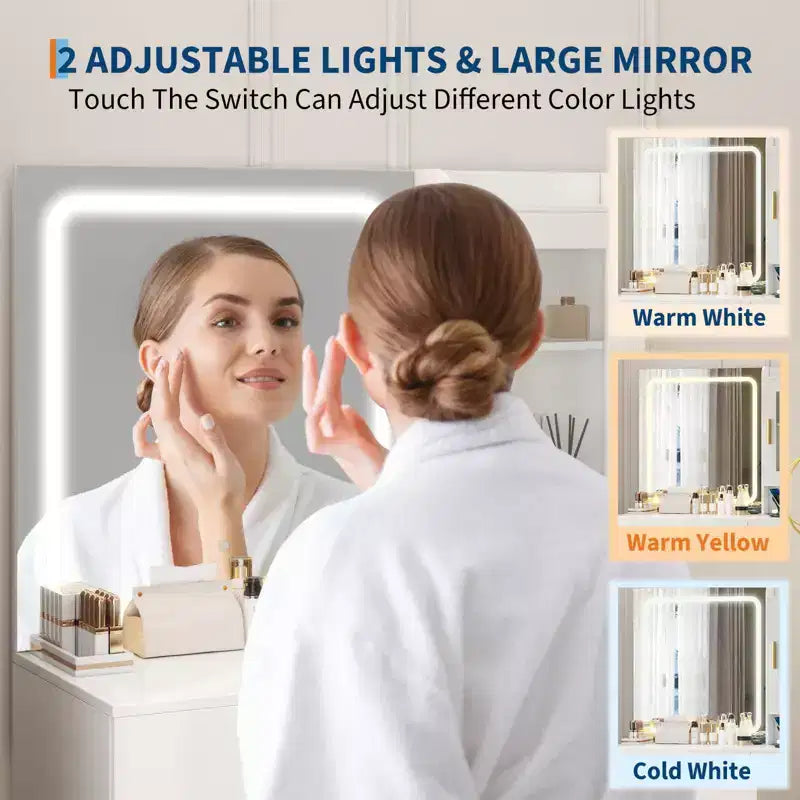 Coiffeuse avec miroir et éclairage, table de maquillage avec station de recharge, 4 tiroirs et tabouret