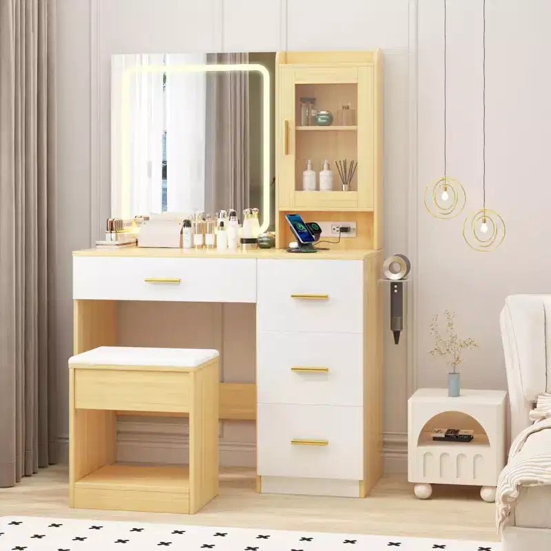 Tocador con espejo y luces, mesa de maquillaje con estación de carga, 4 cajones y taburete