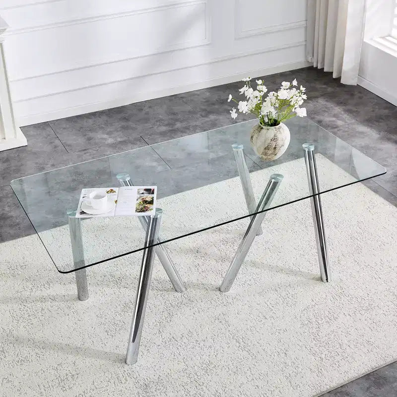 Table à manger de 71-Inch en verre trempé avec pieds métalliques robustes, résistante aux chocs et à la chaleur, pour les repas en famille