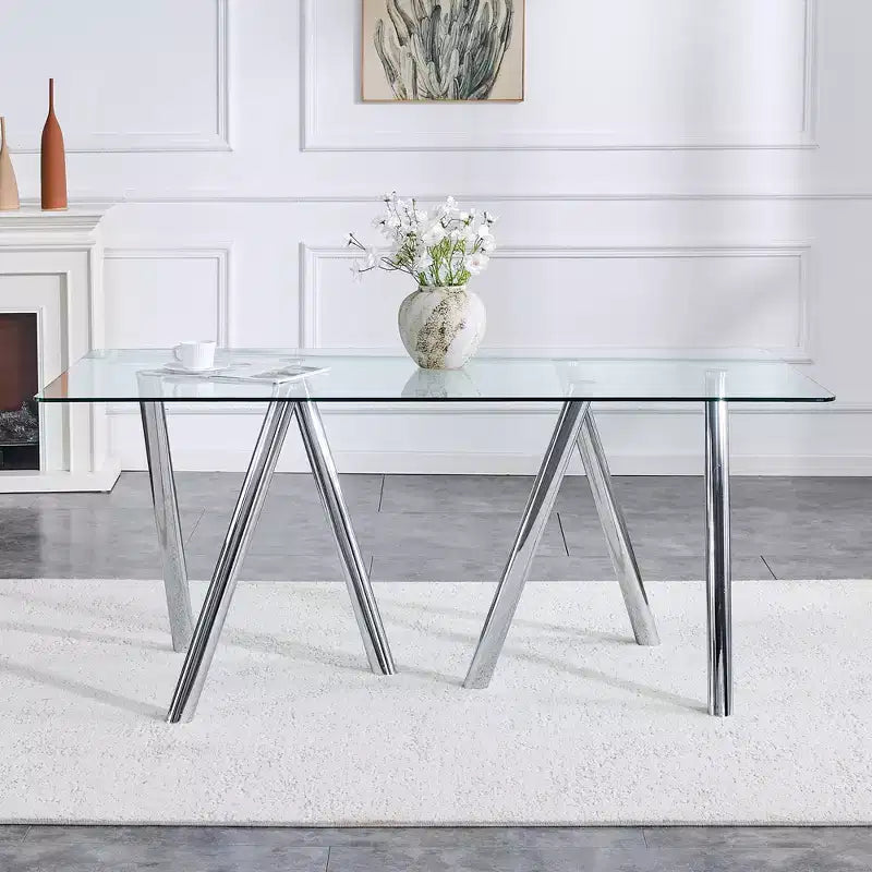 Table à manger de 71-Inch en verre trempé avec pieds métalliques robustes, résistante aux chocs et à la chaleur, pour les repas en famille