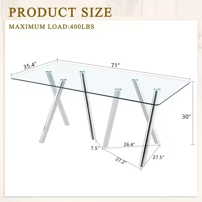 Mesa de comedor de vidrio templado de 71-Inch con patas de metal resistentes, resistente a los impactos y al calor, para comidas familiares