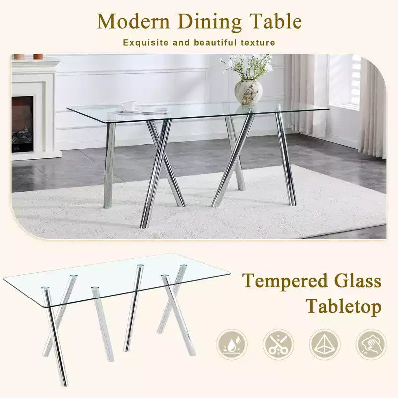 Mesa de comedor de vidrio templado de 71-Inch con patas de metal resistentes, resistente a los impactos y al calor, para comidas familiares