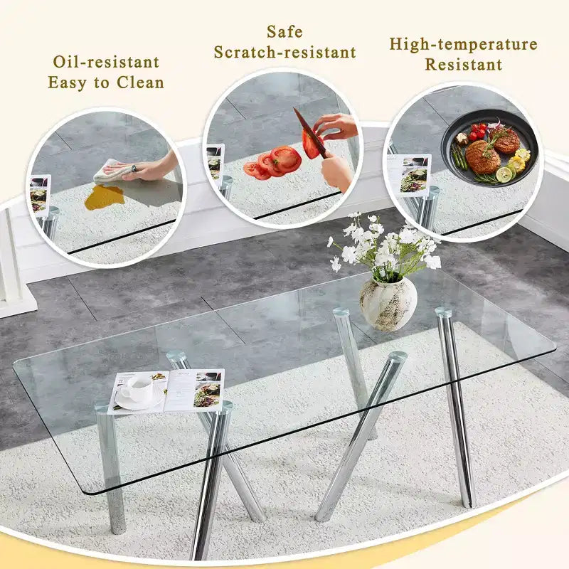 Mesa de comedor de vidrio templado de 71-Inch con patas de metal resistentes, resistente a los impactos y al calor, para comidas familiares