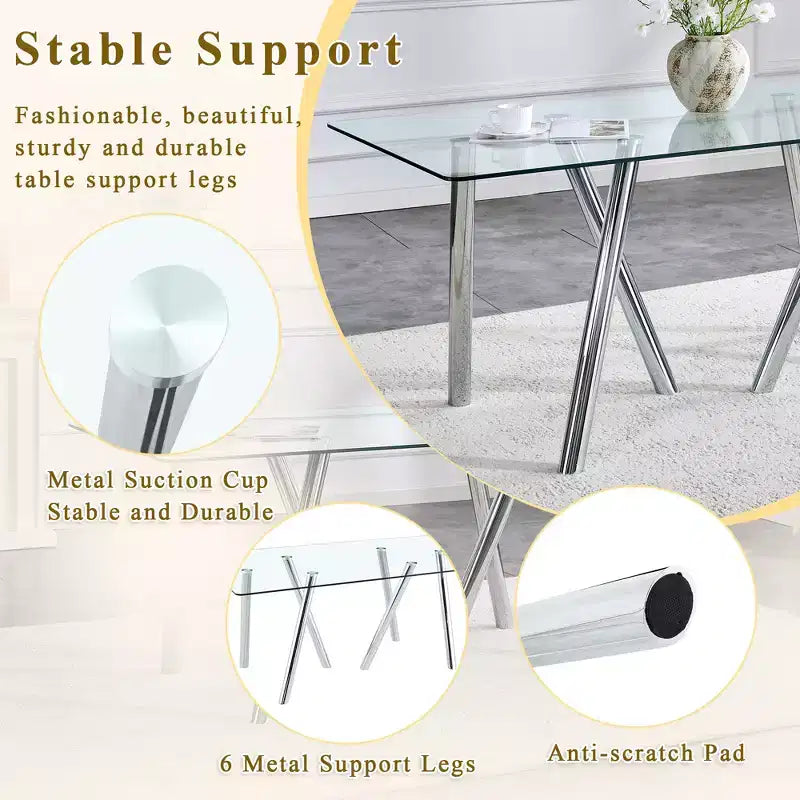 Mesa de comedor de vidrio templado de 71-Inch con patas de metal resistentes, resistente a los impactos y al calor, para comidas familiares