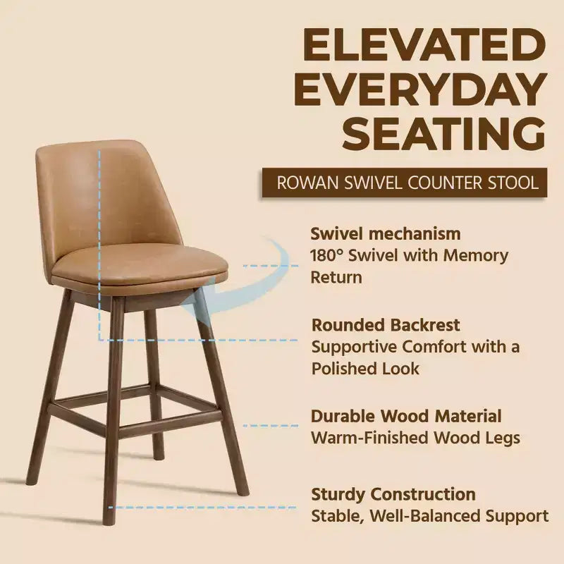 Taburete giratorio de 26 Inch de altura para barra, acabado nogal, asiento tapizado en cuero vegano marrón, para cocina o comedor