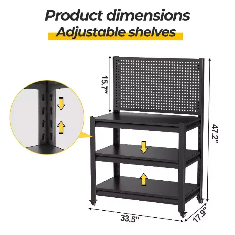 Estantería metálica de alta resistencia con panel perforado, estante ajustable de 3 niveles para garaje y uso industrial, para cocina, despensa y jardín