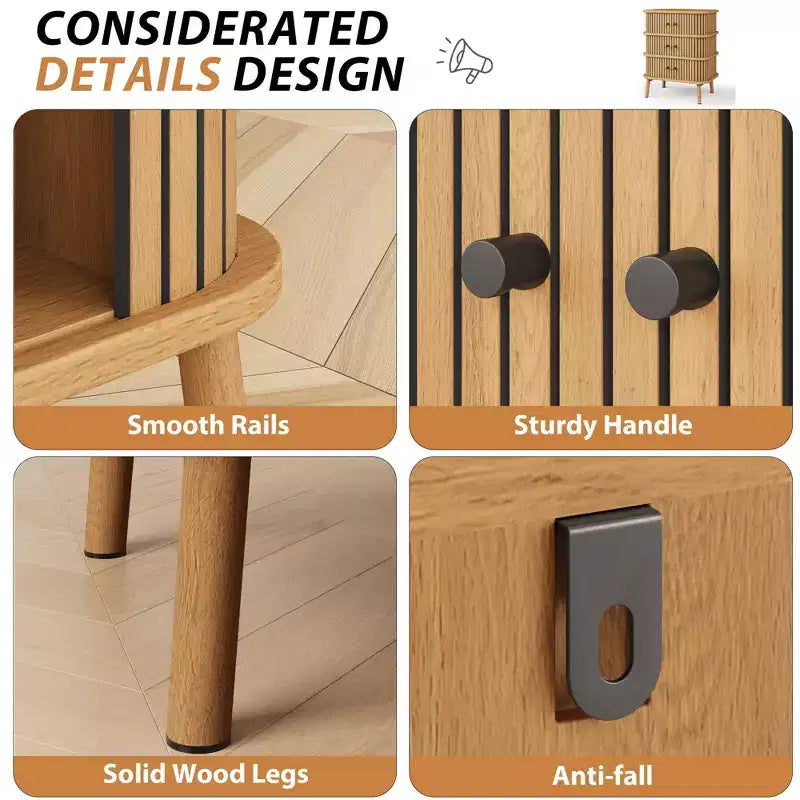 Cómoda moderna de mediados de siglo con 3 cajones, puerta corrediza de mimbre y patas de madera, roble