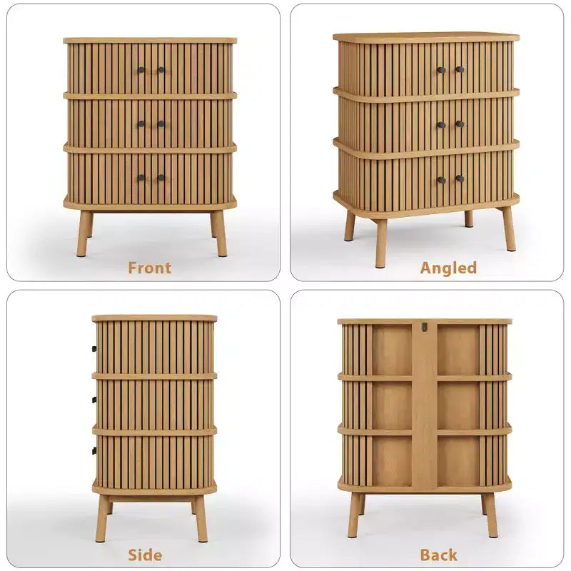 Cómoda moderna de mediados de siglo con 3 cajones, puerta corrediza de mimbre y patas de madera, roble