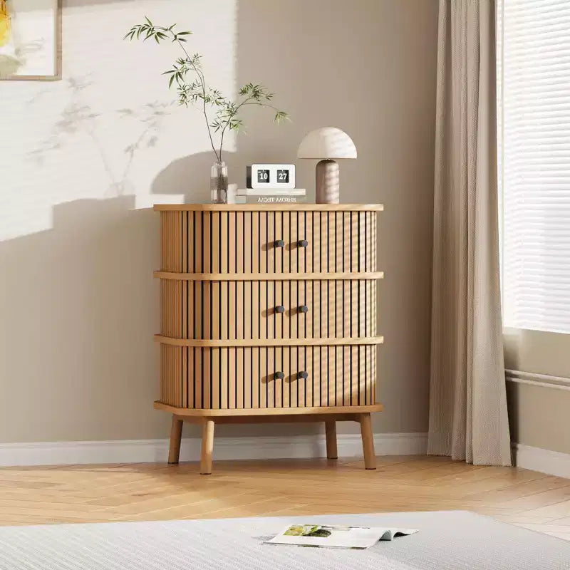 Kommode, Mid-Century-Modern-Schrank mit 3 Schubladen, Schiebetür aus Korbgeflecht und Holzbeinen, Eiche