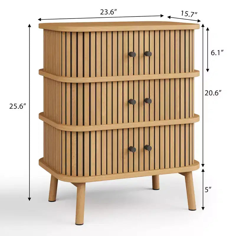 Kommode, Mid-Century-Modern-Schrank mit 3 Schubladen, Schiebetür aus Korbgeflecht und Holzbeinen, Eiche