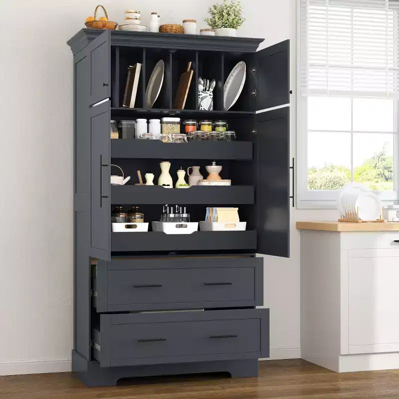 Alacena de cocina estilo granja de 72, mueble independiente de almacenamiento para comedor con cajones, bandejas extraíbles y espacio para moldes para pasteles