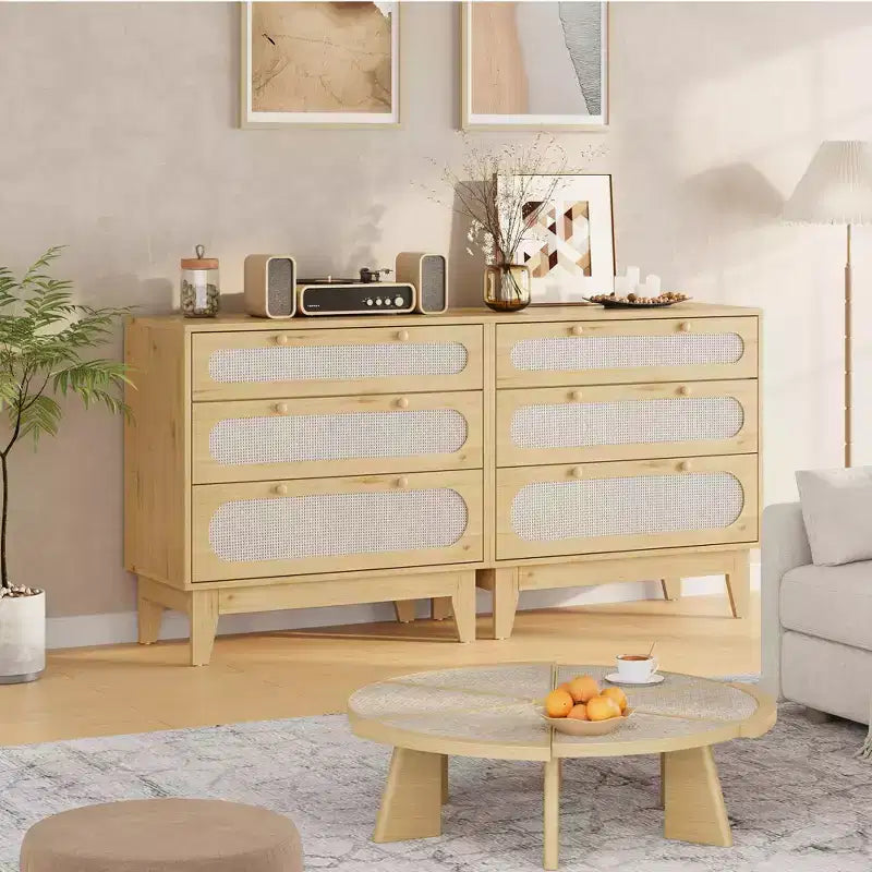 Kommode aus Rattan mit 3 verschiedenen Schubladen, 2 Stück, natürliche Kommode für den Kleiderschrank mit Holzgriffen und Holzbeinen, inklusive Kippschutz-Sets, natürliche Eiche
