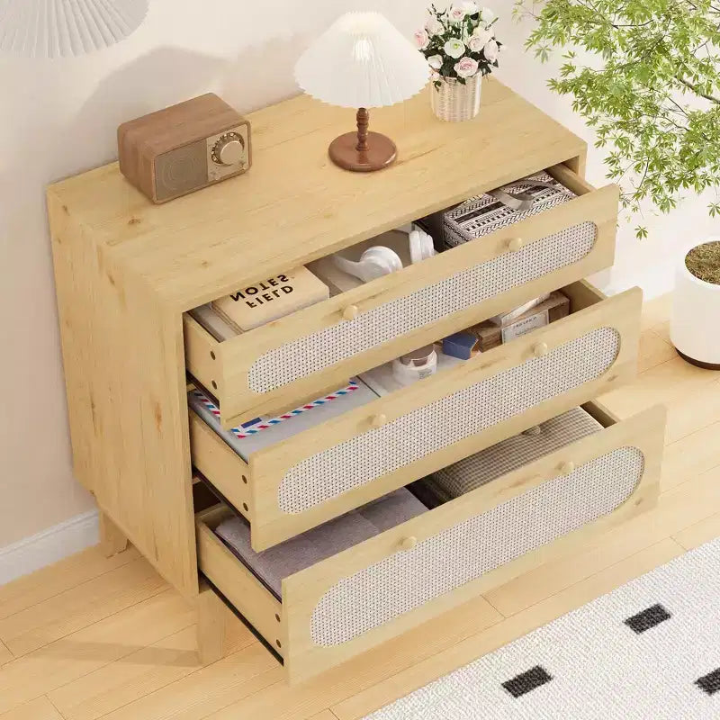 Cómoda de ratán con 3 cajones diferentes, juego de 2 piezas, cómoda natural para clóset con tiradores y patas de madera, incluye kits antivuelco, roble natural