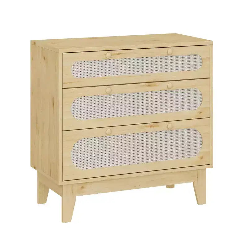 Cómoda de ratán con 3 cajones diferentes, juego de 2 piezas, cómoda natural para clóset con tiradores y patas de madera, incluye kits antivuelco, roble natural