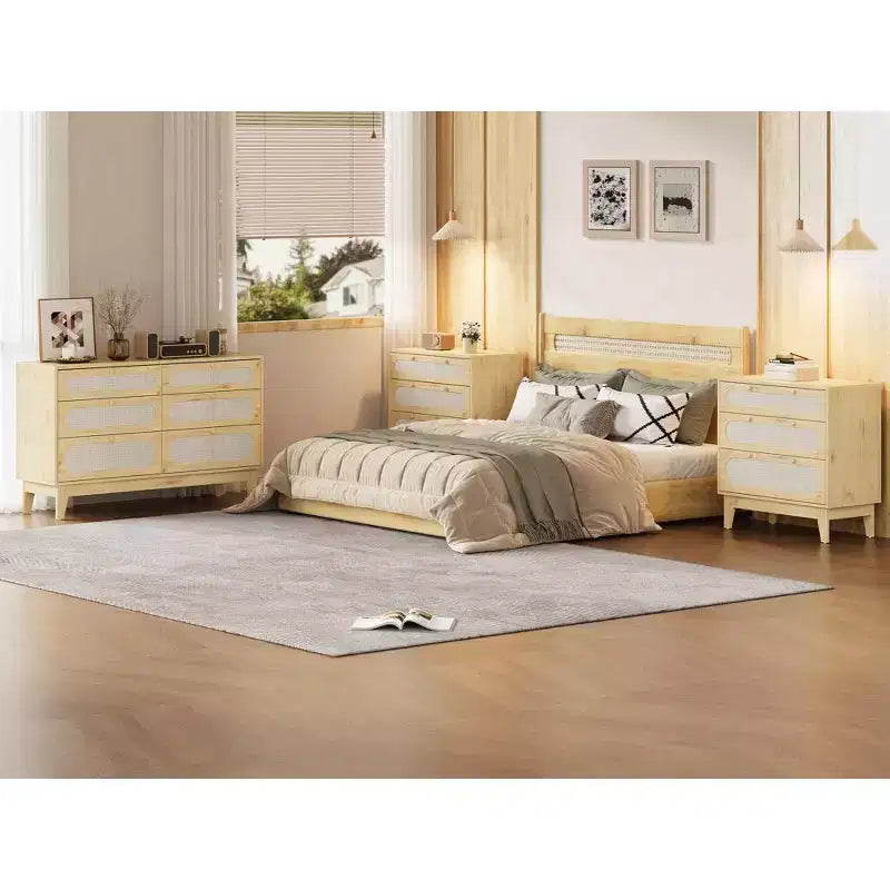 Kommode aus Rattan mit 3 verschiedenen Schubladen, 2 Stück, natürliche Kommode für den Kleiderschrank mit Holzgriffen und Holzbeinen, inklusive Kippschutz-Sets, natürliche Eiche