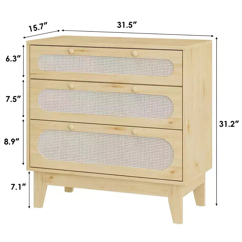 Cómoda de ratán con 3 cajones diferentes, juego de 2 piezas, cómoda natural para clóset con tiradores y patas de madera, incluye kits antivuelco, roble natural