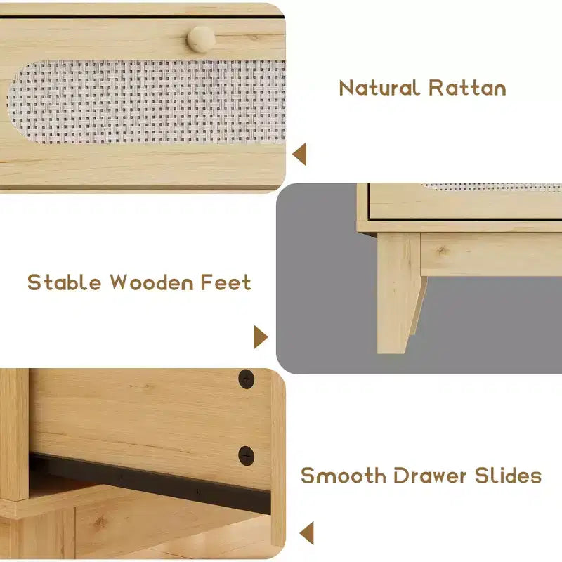 Cómoda de ratán con 3 cajones diferentes, juego de 2 piezas, cómoda natural para clóset con tiradores y patas de madera, incluye kits antivuelco, roble natural