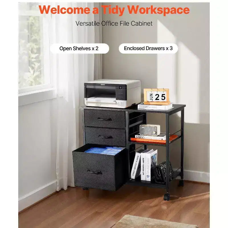 Archivador móvil de metal, 3 cajones de tela y 2 estantes abiertos, detalles de madera, ruedas, compatible con formatos Letter/A4/Legal, fácil de armar, negro