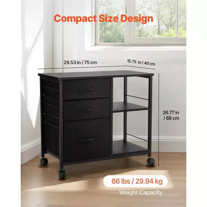 Archivador móvil de metal, 3 cajones de tela y 2 estantes abiertos, detalles de madera, ruedas, compatible con formatos Letter/A4/Legal, fácil de armar, negro