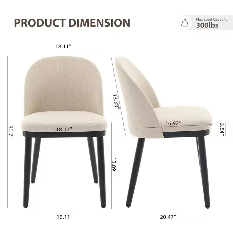 Lot de 2 chaises de salle à manger modernes en tissu, chaises d’appoint rembourrées avec dossier incurvé et pieds en bois, assise confortable pour la salle à manger et la cuisine