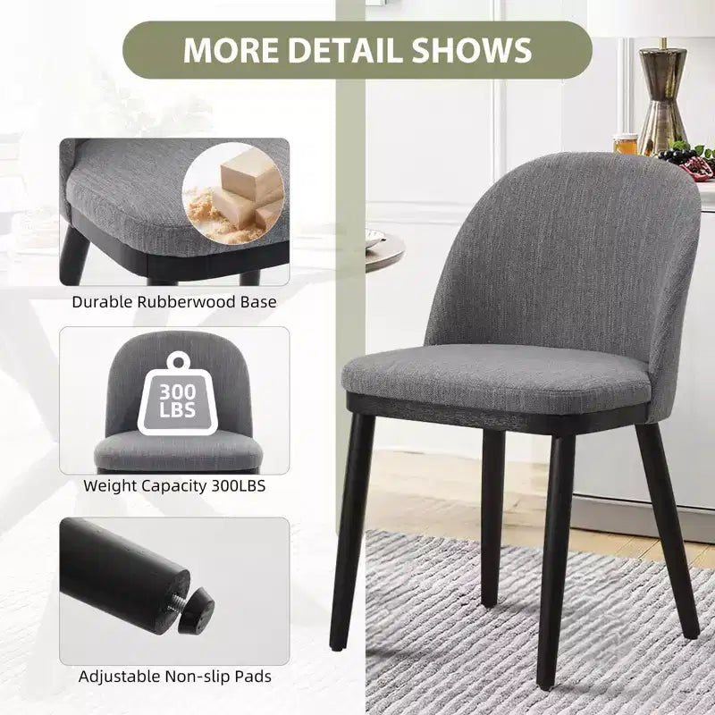 Set mit 2 modernen Esszimmerstühlen aus Stoff, gepolsterte Stühle mit geschwungener Rückenlehne und Holzbeinen, bequeme Sitzgelegenheiten für Esszimmer und Küche