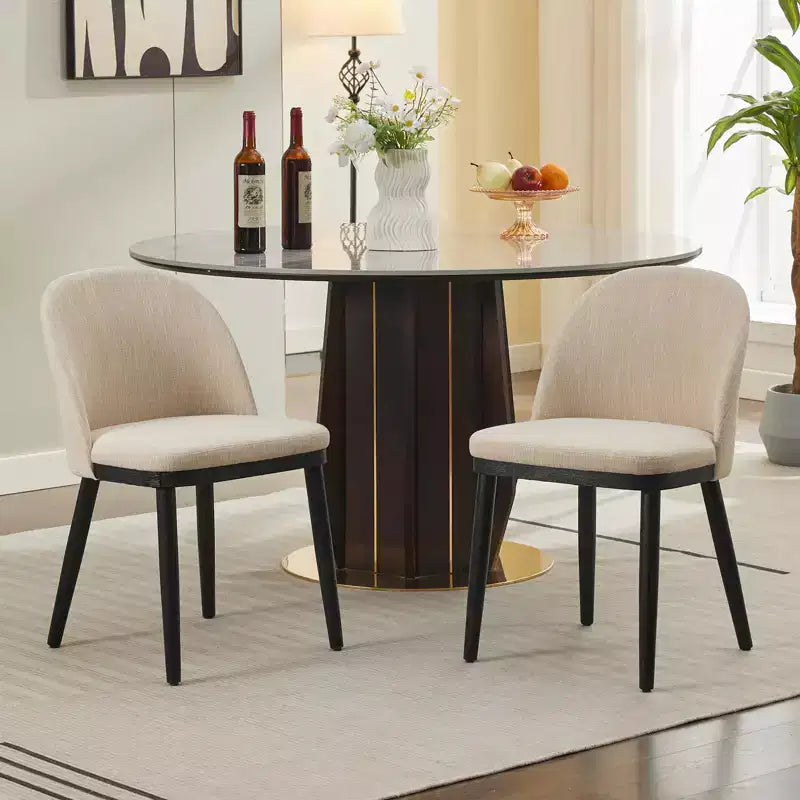 Lot de 2 chaises de salle à manger modernes en tissu, chaises d’appoint rembourrées avec dossier incurvé et pieds en bois, assise confortable pour la salle à manger et la cuisine