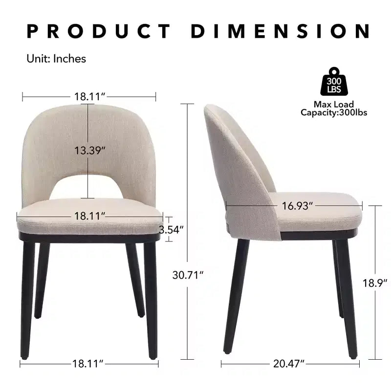 Set mit 2 modernen Esszimmerstühlen aus Stoff, gepolsterte Stühle mit geschwungener Rückenlehne und Holzbeinen, bequeme Sitzgelegenheiten für Esszimmer und Küche