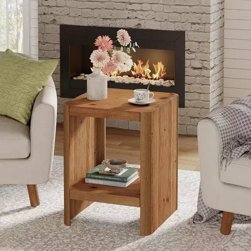 Bout de canapé en bois massif, petite table d’appoint à 2 niveaux avec étagère de rangement ouverte pour le salon et les petits espaces, montage facile