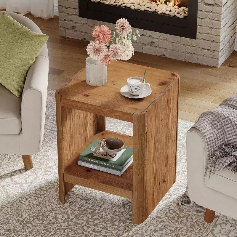 Bout de canapé en bois massif, petite table d’appoint à 2 niveaux avec étagère de rangement ouverte pour le salon et les petits espaces, montage facile