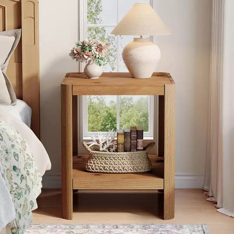 Bout de canapé en bois massif, petite table d’appoint à 2 niveaux avec étagère de rangement ouverte pour le salon et les petits espaces, montage facile