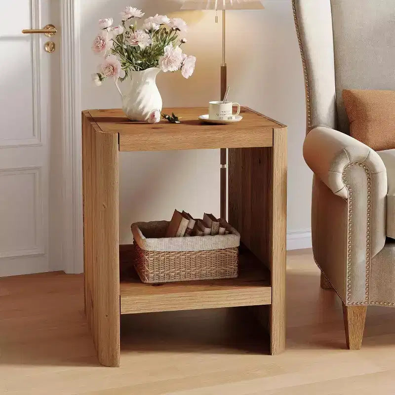 Bout de canapé en bois massif, petite table d’appoint à 2 niveaux avec étagère de rangement ouverte pour le salon et les petits espaces, montage facile