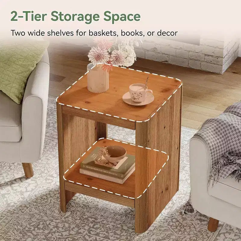 Bout de canapé en bois massif, petite table d’appoint à 2 niveaux avec étagère de rangement ouverte pour le salon et les petits espaces, montage facile