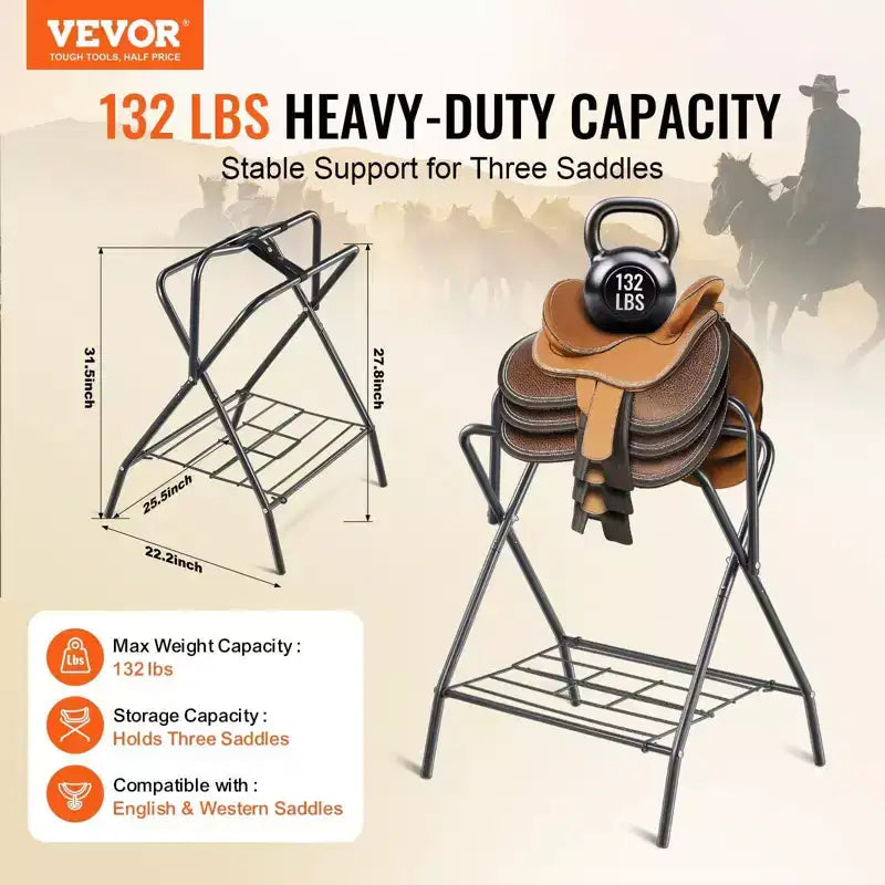 Soporte plegable para sillas de montar de 31.5, paquete de 2, de acero resistente e independiente, soporte portátil para mantas y almacenamiento de equipo para monturas inglesas y western, negro
