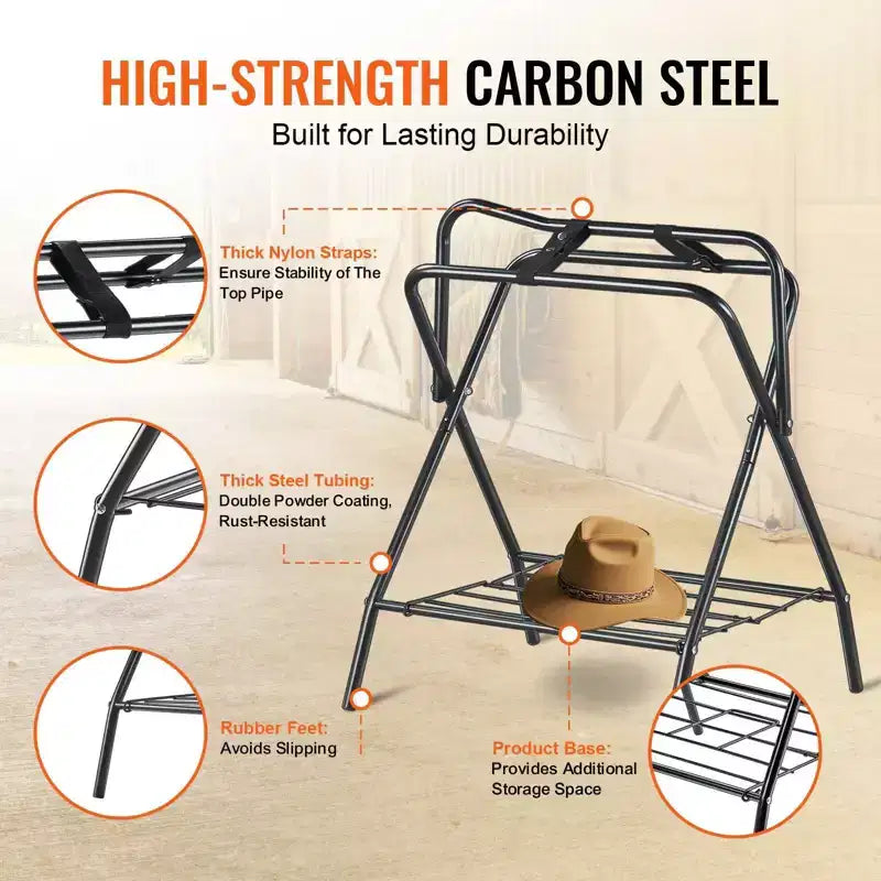 Soporte plegable para sillas de montar de 31.5, paquete de 2, de acero resistente e independiente, soporte portátil para mantas y almacenamiento de equipo para monturas inglesas y western, negro