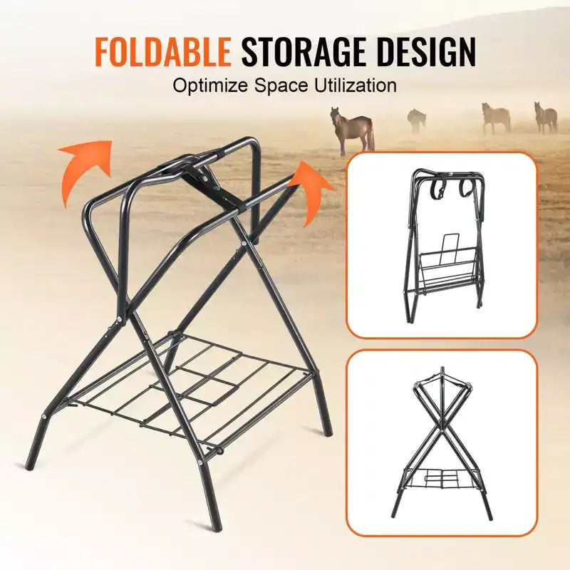 Soporte plegable para sillas de montar de 31.5, paquete de 2, de acero resistente e independiente, soporte portátil para mantas y almacenamiento de equipo para monturas inglesas y western, negro