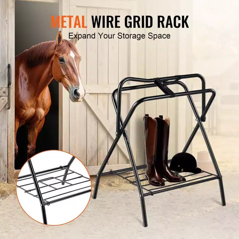 Soporte plegable para sillas de montar de 31.5, paquete de 2, de acero resistente e independiente, soporte portátil para mantas y almacenamiento de equipo para monturas inglesas y western, negro