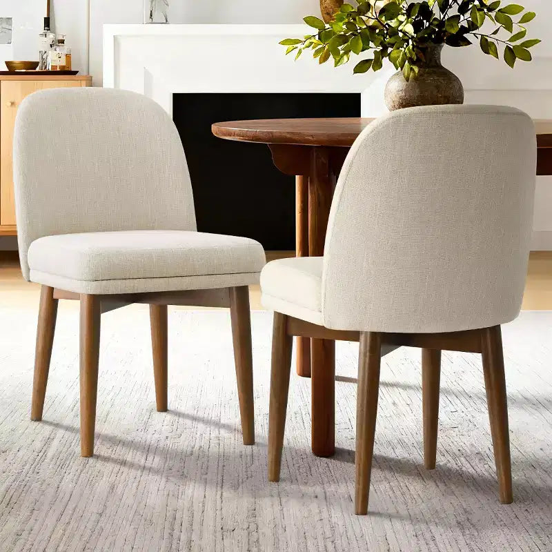 Lot de 2 chaises de salle à manger modernes rembourrées, sièges de cuisine sans accoudoirs en mélange de lin, avec pieds en hévéa massif, pour la salle à manger