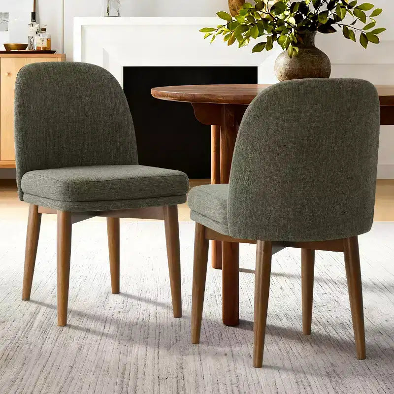 Set mit 2 modernen gepolsterten Esszimmerstühlen, armlose Küchenstühle aus Leinenmischgewebe mit Beinen aus massivem Gummibaumholz, für das Esszimmer