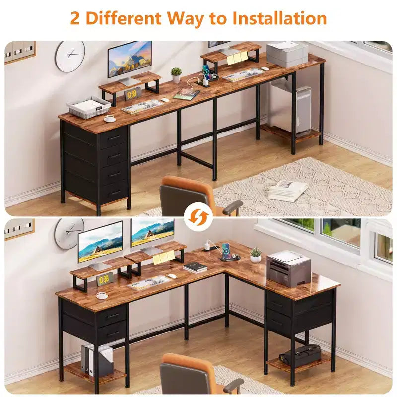 Bureau d’ordinateur en L brun de 66 pouces avec station de recharge, bureau de jeu de 94.4 pouces de long pour deux personnes, 4 tiroirs, 2 supports d’écran, rangement pour bureau à domicile