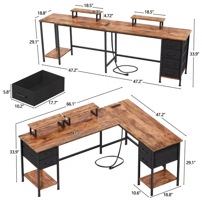 Bureau d’ordinateur en L brun de 66 pouces avec station de recharge, bureau de jeu de 94.4 pouces de long pour deux personnes, 4 tiroirs, 2 supports d’écran, rangement pour bureau à domicile