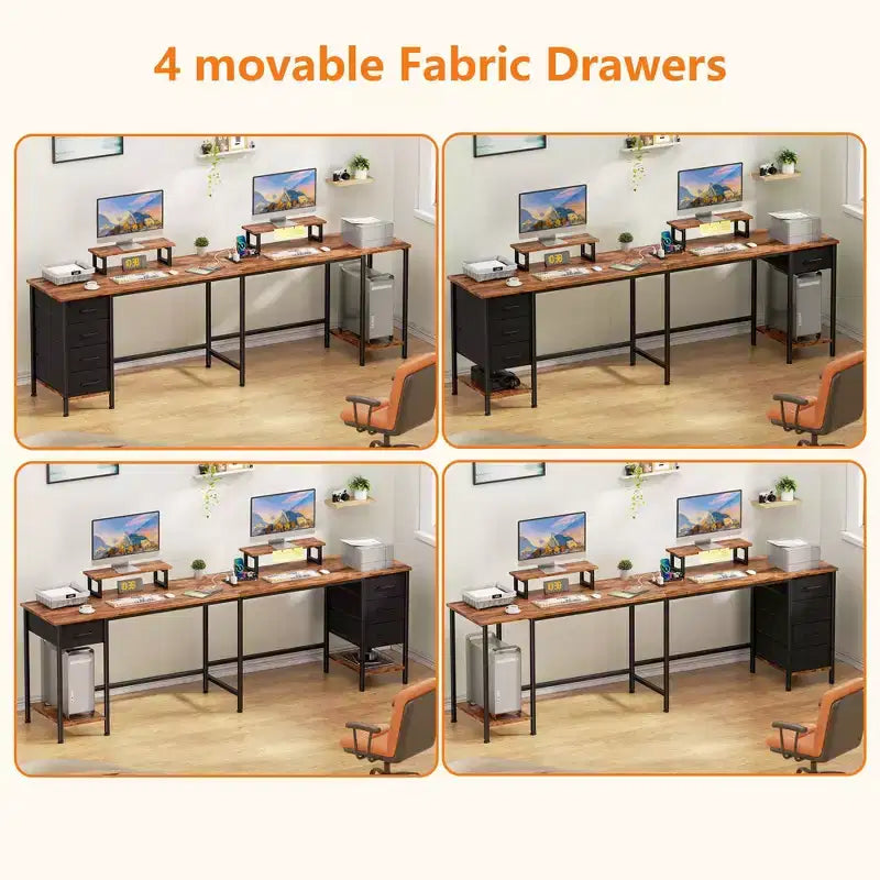 Bureau d’ordinateur en L brun de 66 pouces avec station de recharge, bureau de jeu de 94.4 pouces de long pour deux personnes, 4 tiroirs, 2 supports d’écran, rangement pour bureau à domicile