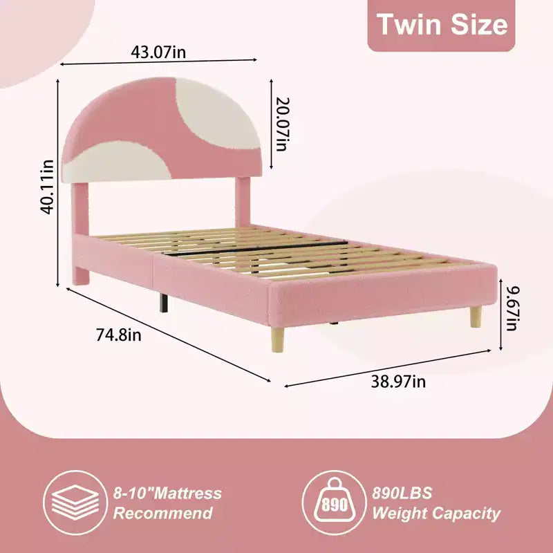 Bettgestell mit rundem Bouclé-Kopfteil in Rosa und Weiß - gepolstertes Bogendesign, Lattenrost aus Holz, kein Boxspringbett erforderlich, einfacher Aufbau