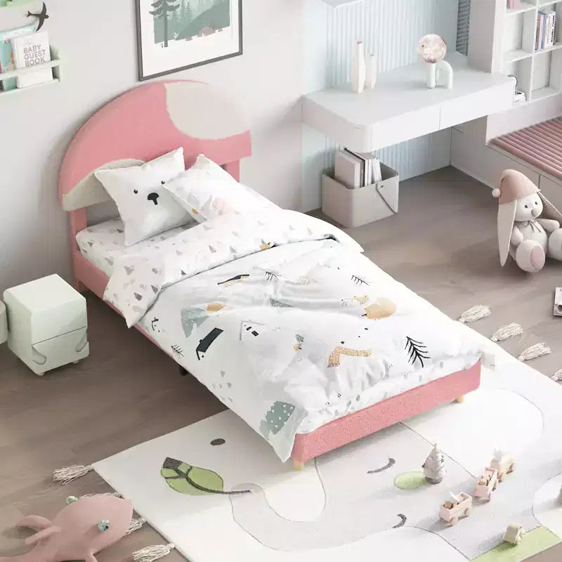 Bettgestell mit rundem Bouclé-Kopfteil in Rosa und Weiß - gepolstertes Bogendesign, Lattenrost aus Holz, kein Boxspringbett erforderlich, einfacher Aufbau