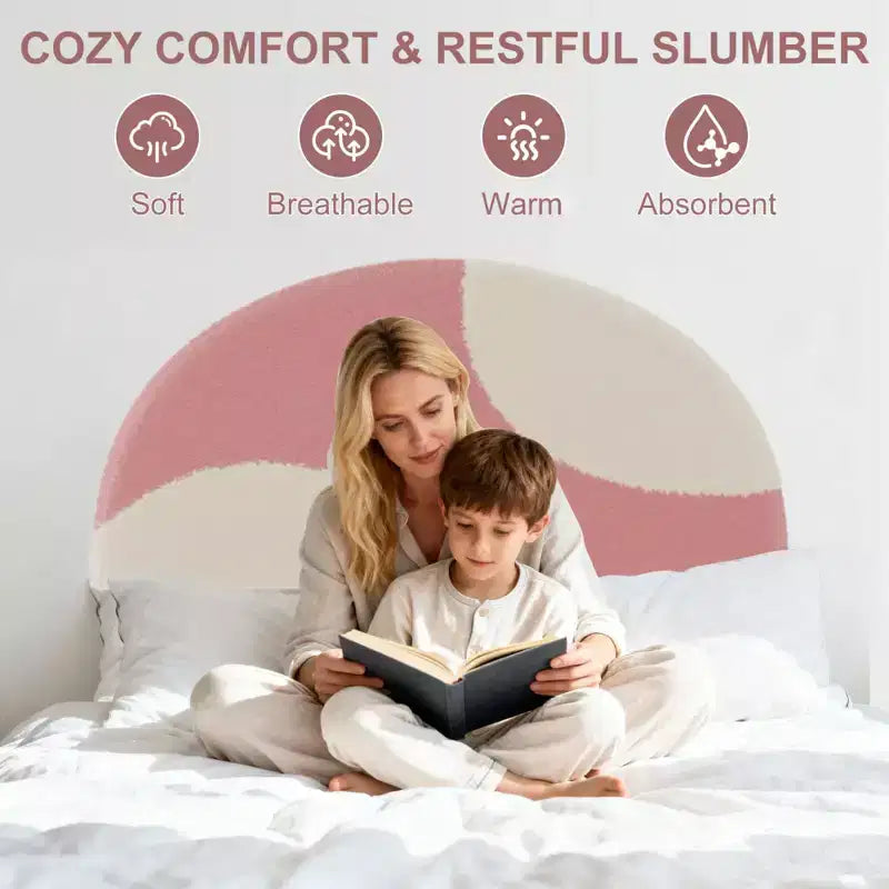 Cadre de lit avec tête de lit arrondie rose et blanche en bouclé - design arqué rembourré, support à lattes en bois, sans sommier requis, installation facile